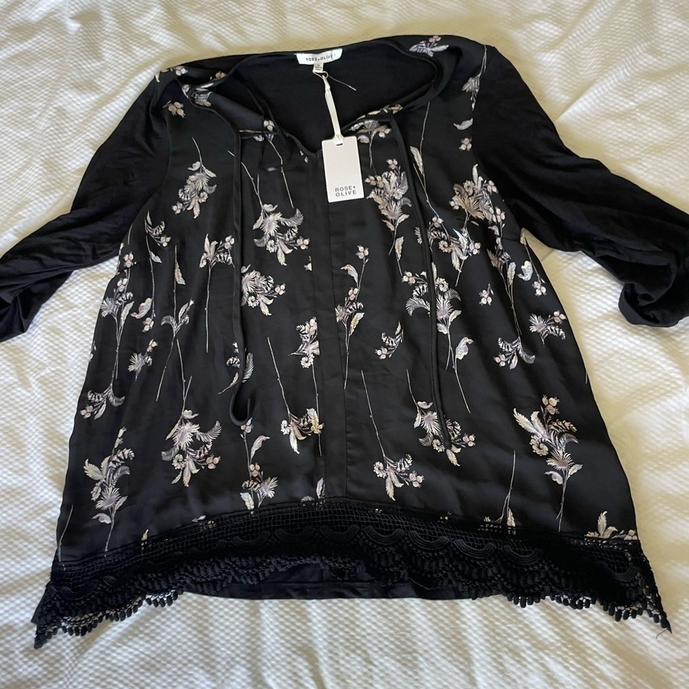 Rose & Olive Mixed Media Black Floral Blouse with Lace Trim